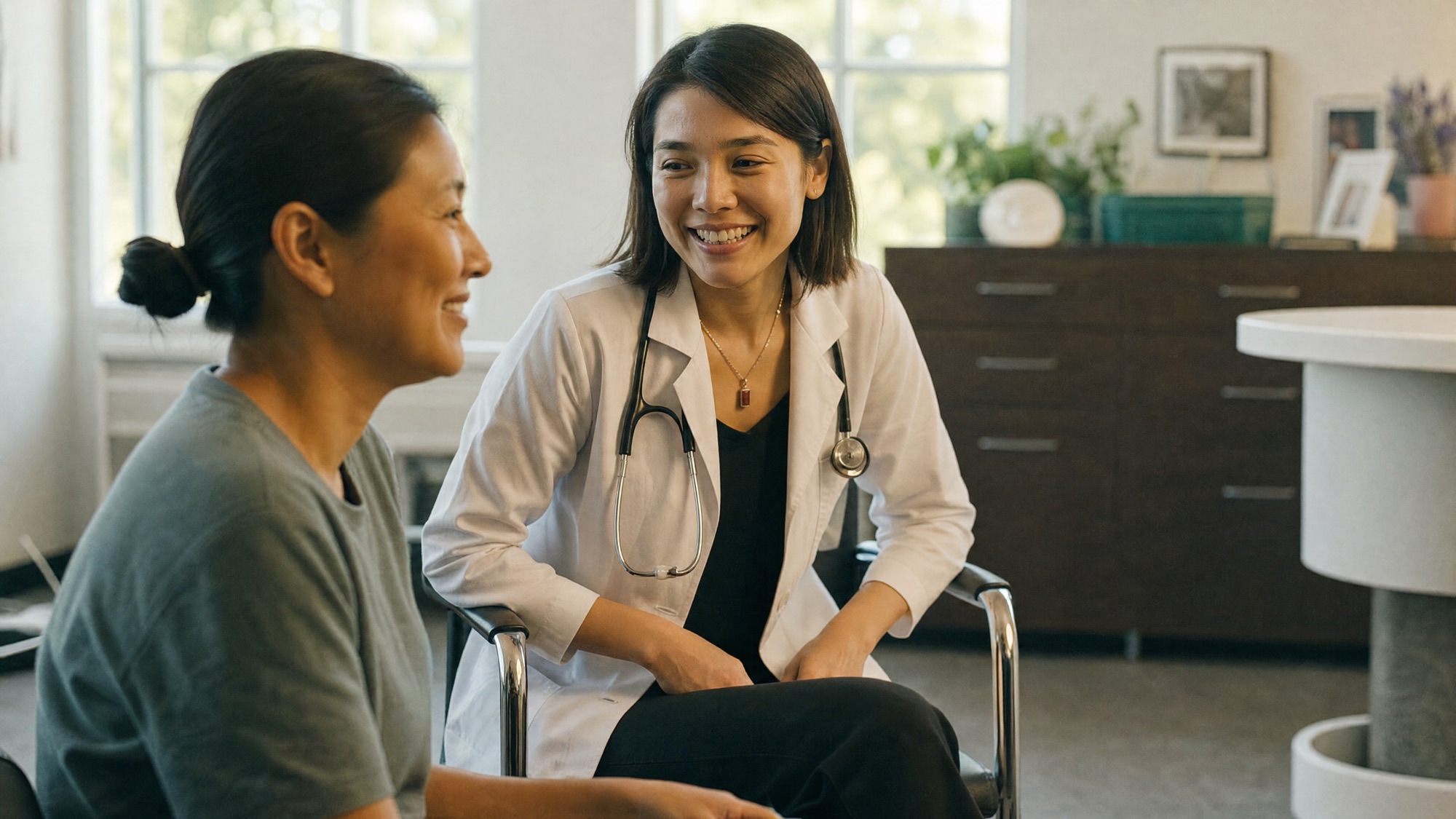 A doctor and patient sharing a warm conversation in a bright clinic