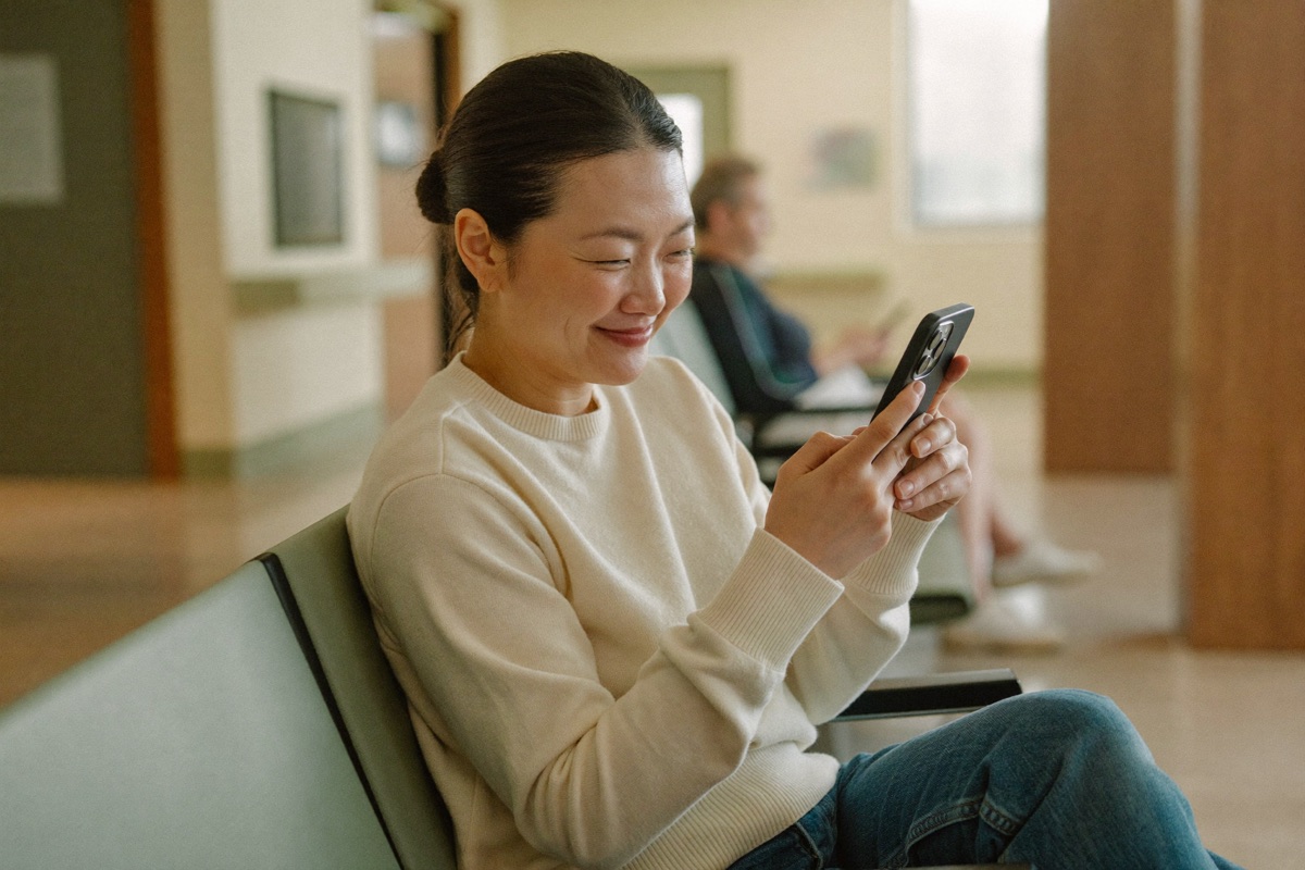 Patient smiling softly while using TESSA on their phone in a bright emergency department