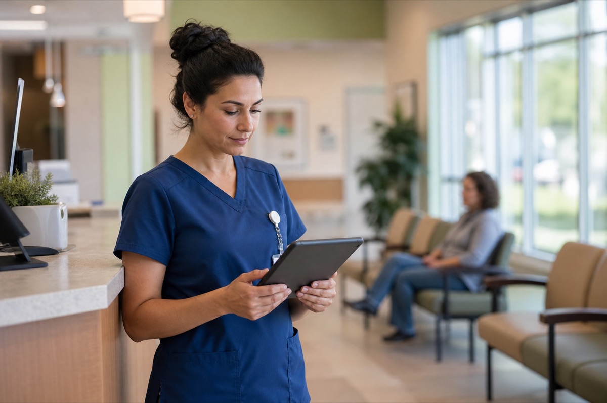 Nurse at a workstation reviewing a tablet, patient softly visible beyond