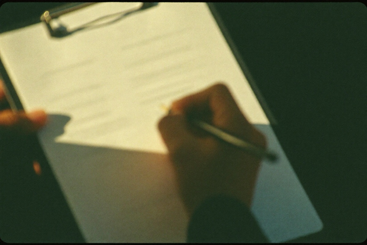 Hands completing a structured form on a clipboard